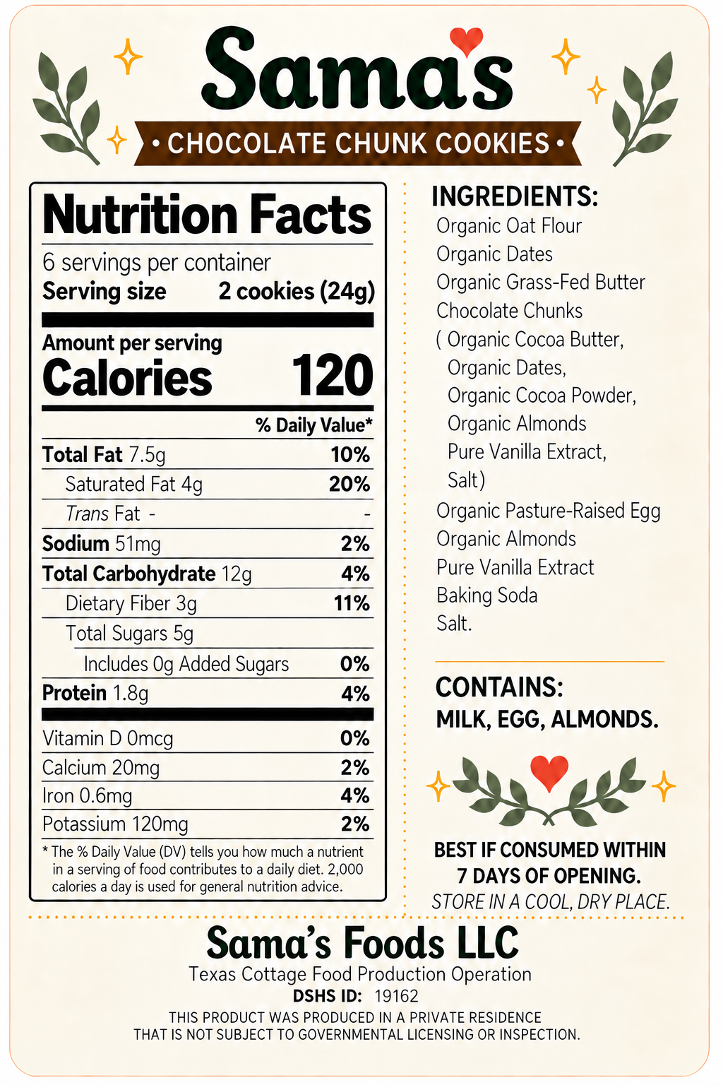 Healthy Chocolate Chunk Cookies | Wholesome Organic Ingredients | No Refined Sugar | 5.3 oz